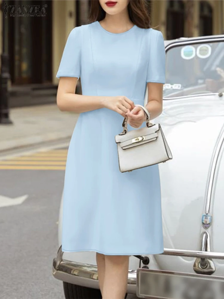 

ZANZEA 2025 Summer Solid Color Dress Women Elegant Short Sleeve Work OL Dresses Fashion Holiday Party Vestidos Kaftan Robe Femme