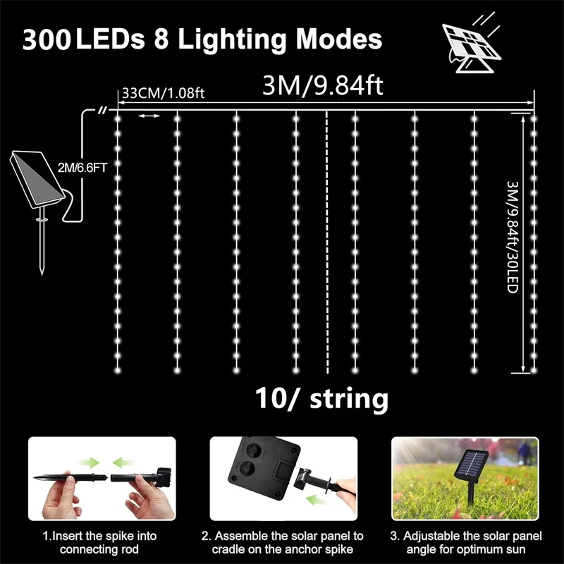 Solar LED Vorhang Licht Outdoor Girlande Solar Fee String Licht Pavillon Garten Party Urlaub Weihnachten Decor Kupfer Draht Lampen – Detail 15
