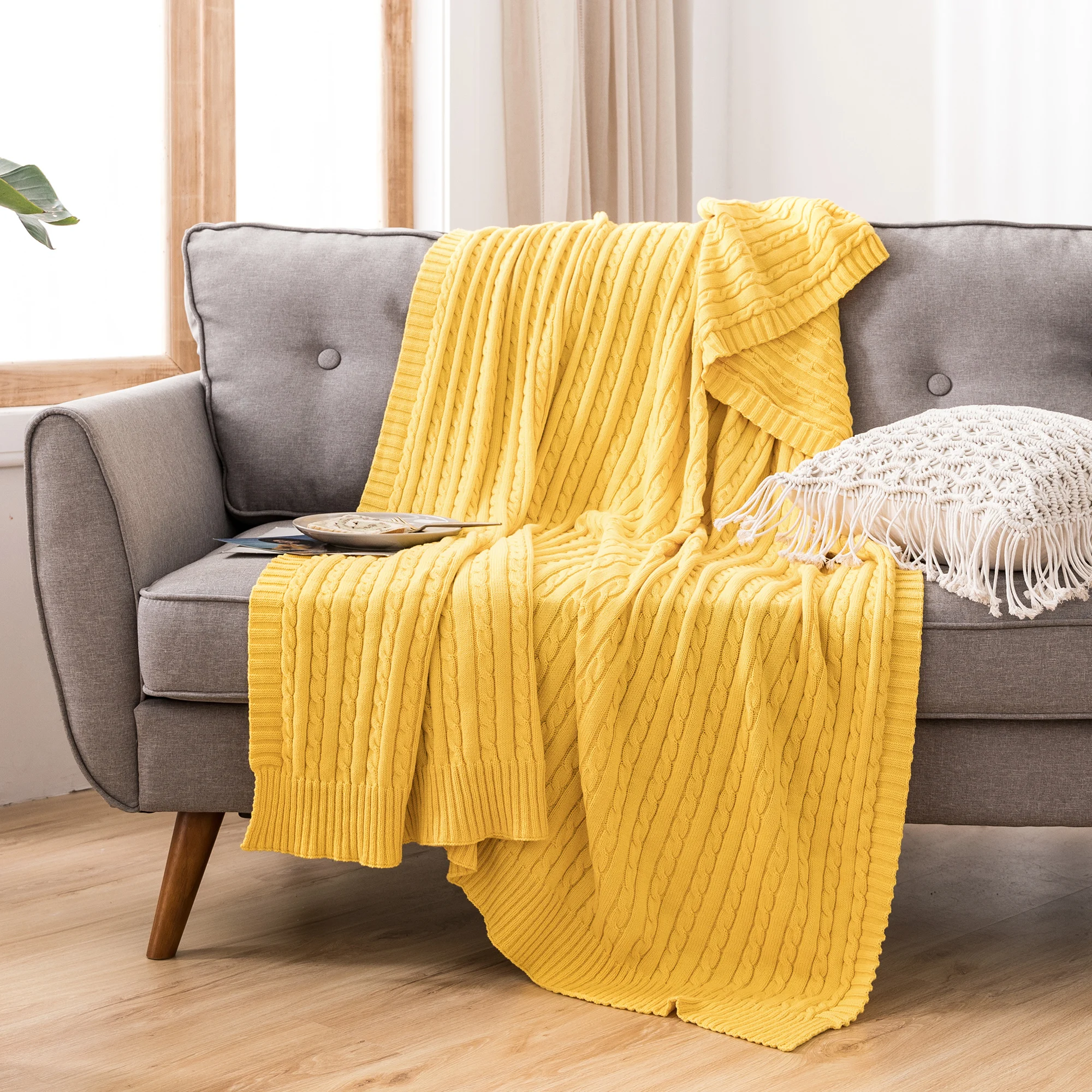 Battilo Cotton Knitted Throw Blanket Soft Cozy Cable Knit Sofa Throws Large Heavyweight Decorative Blanket for Twin Queen Bed