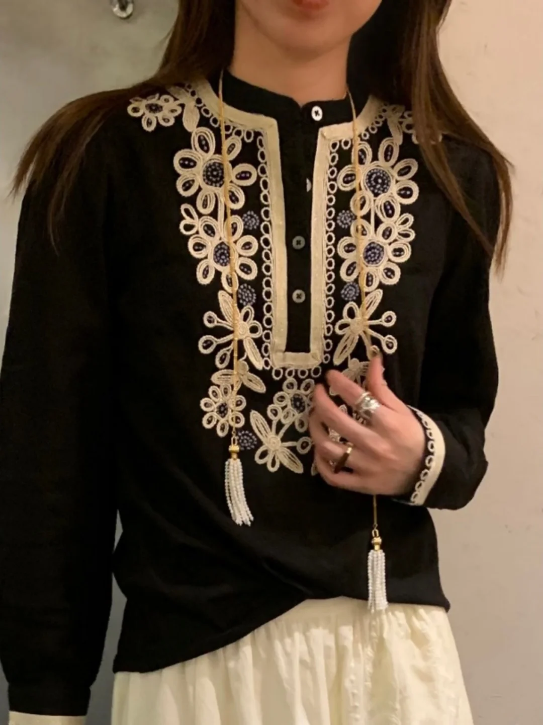 

Retro Sle Women's round Ne Embroidered irt Button up Cotton Long Sve Breathable Comfortable Spring Summer New Arrival