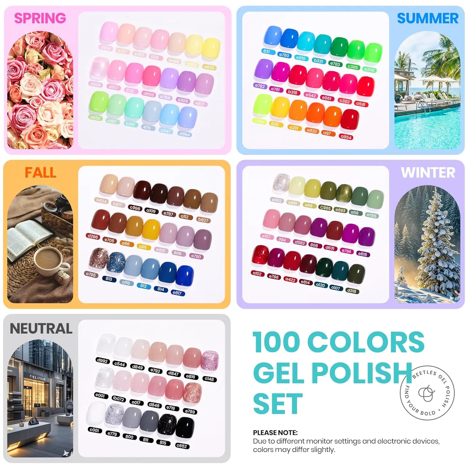 Kit de vernis à ongles Gel 100 couleurs avec couche de finition pour manucure automne-hiver, trempage UV