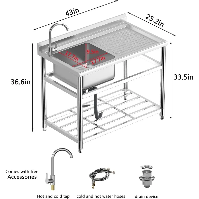 Free Standing Stainless Steel Sink,Commercial Kitchen Sink Drainboard and Faucet,43”Prep Sink Utility Sink Countertop Restaurant