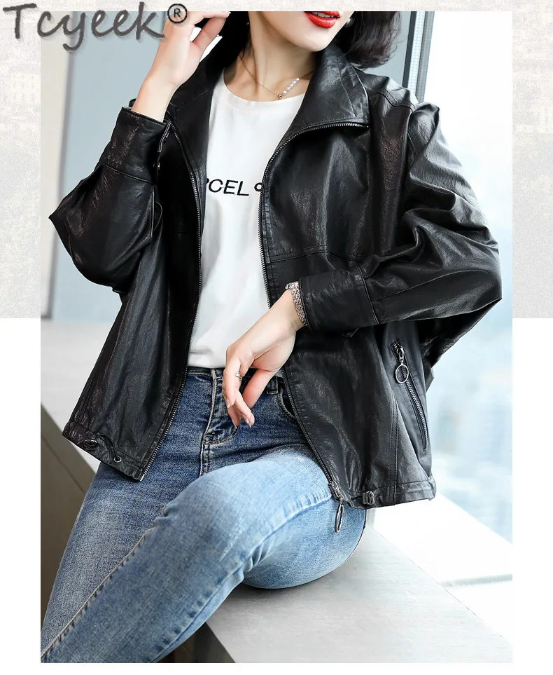 Tcyeek Real Leather Jacket Women Spring Autumn Clothes Genuine Sheepskin Coats Women's Motocycle Jackets Loose Fit Jaqueta Couro