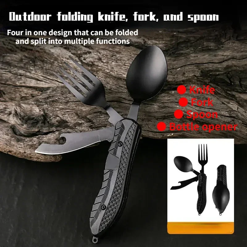 Portátil aço inoxidável Camping Utensílios, Dobrável Talheres Combo Set, Louça Multitool, colher, garfo, faca, abridor de garrafas, ao ar livre