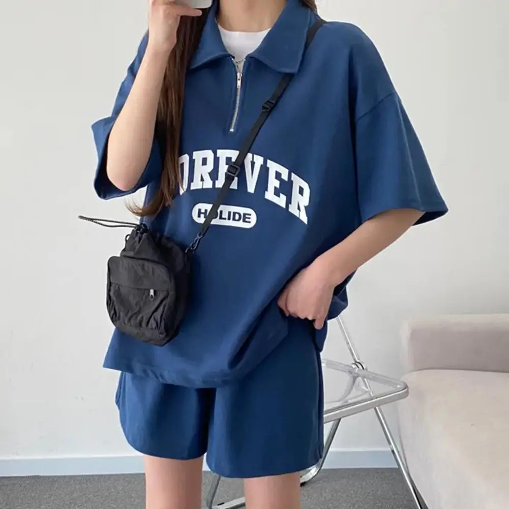 Harajuku Letter Print T-shirts Shorts Set Korea Fashion Ladies Solid Color Suits 2023 Summer 2 Piece Outfits Top Shorts Combo