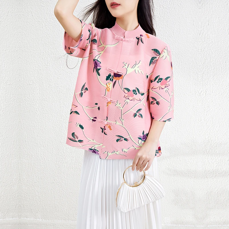 Fast Shipping 2025 Newest Design Chinese Style Printed Women Casual Shirt Pleated Miyake Top