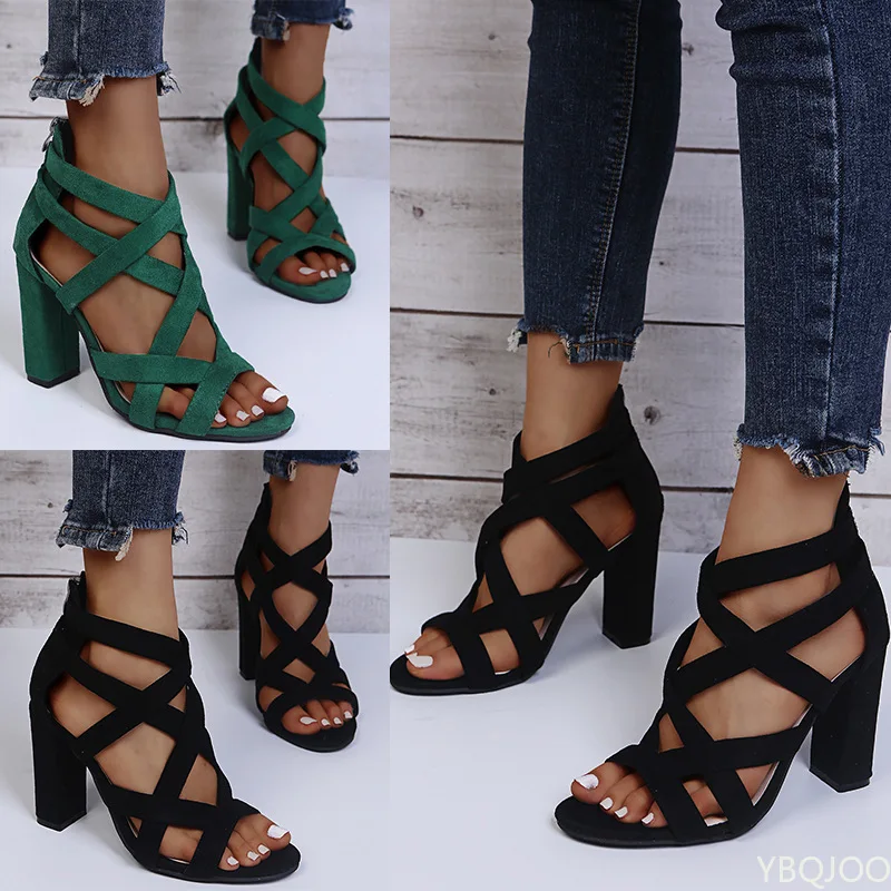 Women Pumps Sandals Summer Open Toe High Heels Low Block Heel Shoes Gladiator Zipper Thick With Sandals Wedges 2022 Mules Shoes