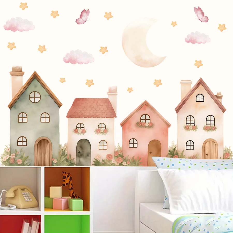 1 stücke PVC Abnehmbare Cartoon Stern Haus Muster Wand Aufkleber Kinderzimmer Dekor Hause Dekoration Selbst-klebe Wand Aufkleber schlafzimmer