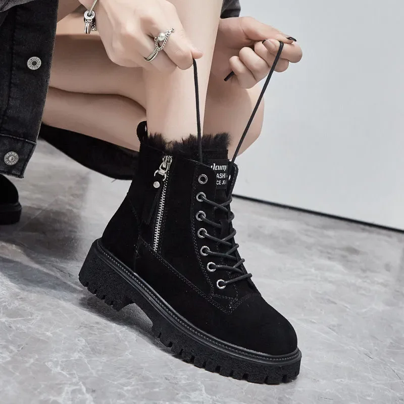 

Genuine Leather Winter Shoes Women Snow Boots Flat Non-slip Cow Leather Ladies Winter Ankle Botas Warm Black