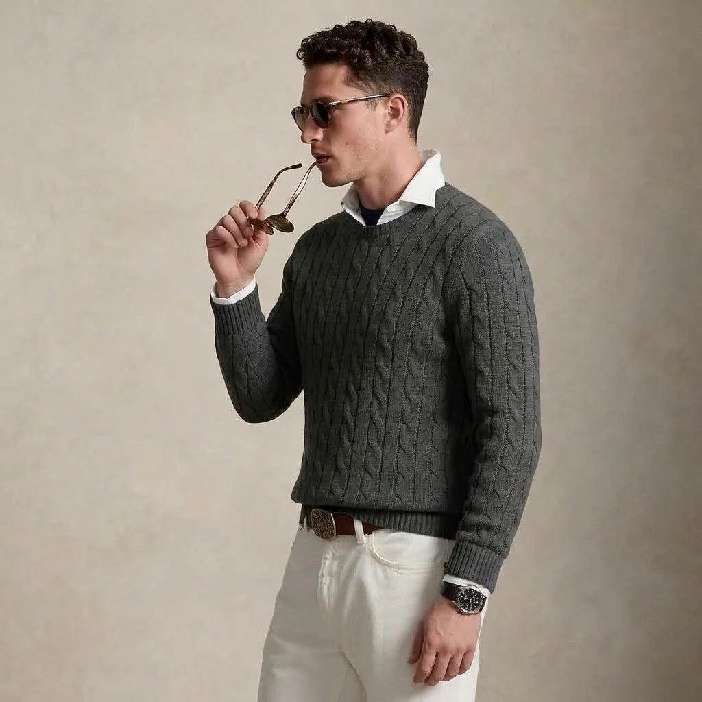 Herren-Pullover im Vintage-Stil mit Zopfmuster, Rundhalsausschnitt, Herbst, Langarm, Strickoberteil, lässig, Business, warm, Winterpullover, Kleidung – Detail 13