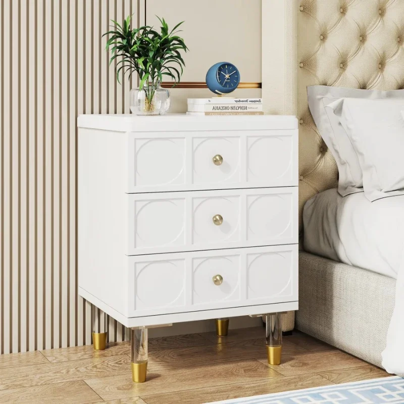 

Modern Accent 3-Drawer White Bedside Table with Acrylic Legs for Bedroom Living Room