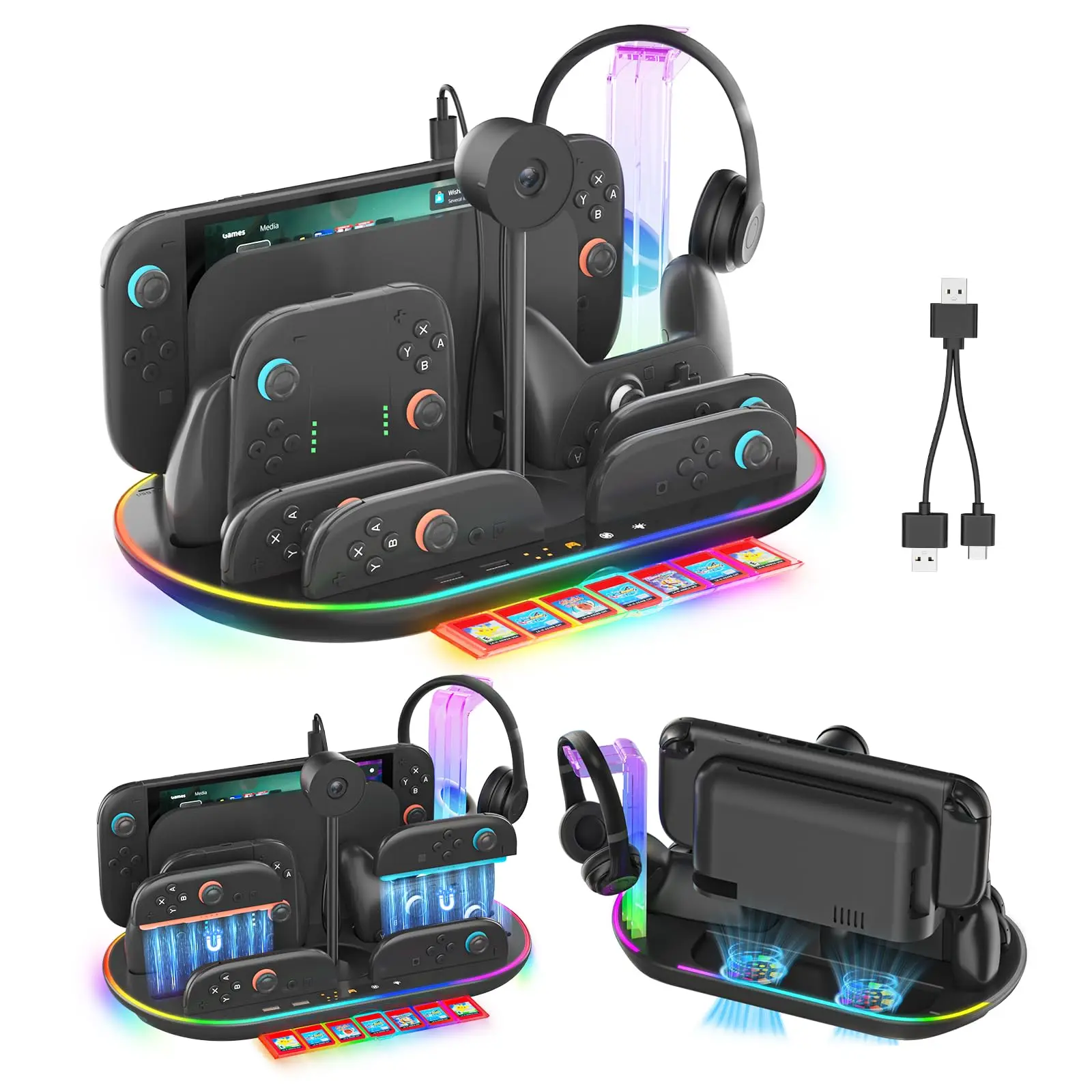 

Зарядная док-станция для Switch 2 с охлаждающим вентилятором, RGB-подсветкой для консоли, контроллеров Joy-Con Pro, 7 слотов для игровых карт, USB-органайзер