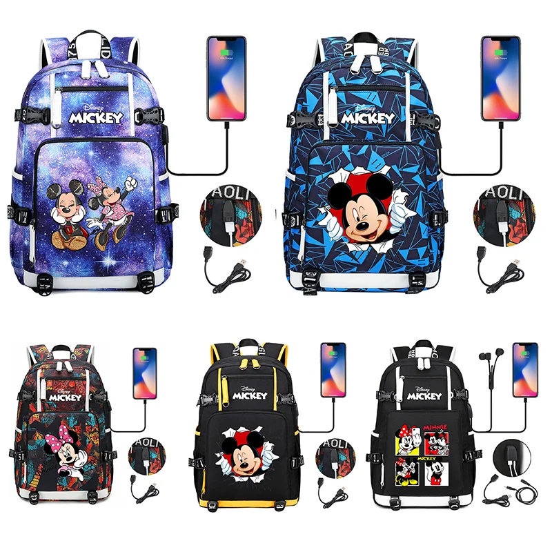 Mickey Minnie Mouse Multifuction Boys Students Schoolbag Large Capacity Laptop Bag Waterproof USB Charging Backpack