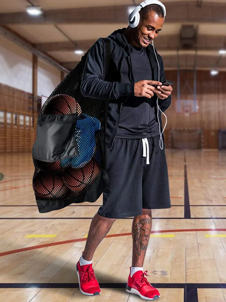 Grand sac de balle en maille, sac à cordon pour le rangement, sacs d'entraînement de football, basket-ball, volley-ball, sac de sport noir avec bretelles
