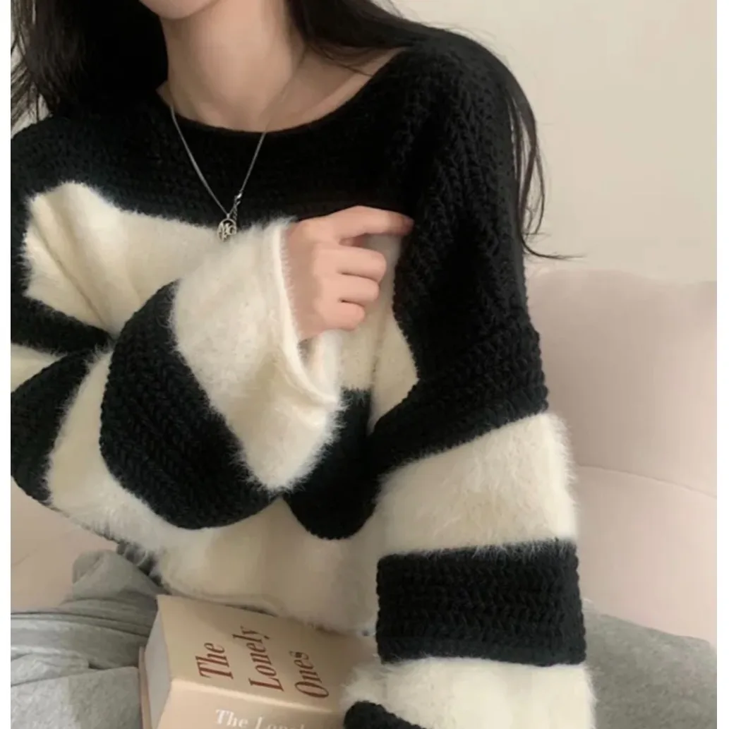 

Ort Chic лоскутный цветной свитер из меха норки в полоску Lazy Sle универсальный осенне-зимний Новое поступление женский трикотаж