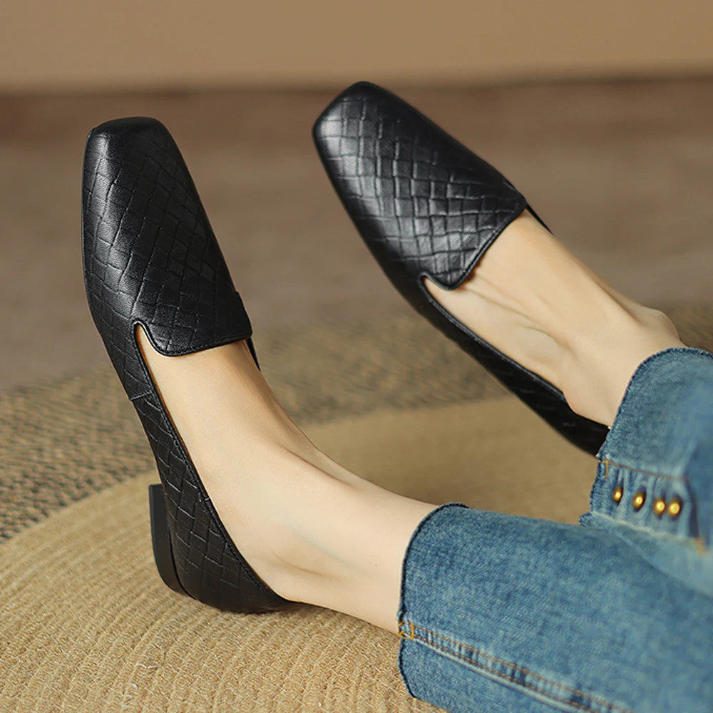 New Fashion Spring Summer Loafers Women Luxury Flats Leather Ladies Shoes Square Toes Low Heels Designer Black 2024
