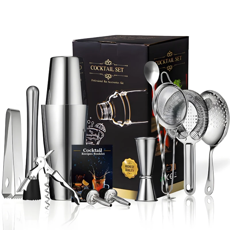 

Cocktail Shaker Bar Set: 2 Weighted Boston Shakers, Cocktail Strainer Set,Jigger,Muddler and Spoon, Ice Tong and 6 Bottle Pourer