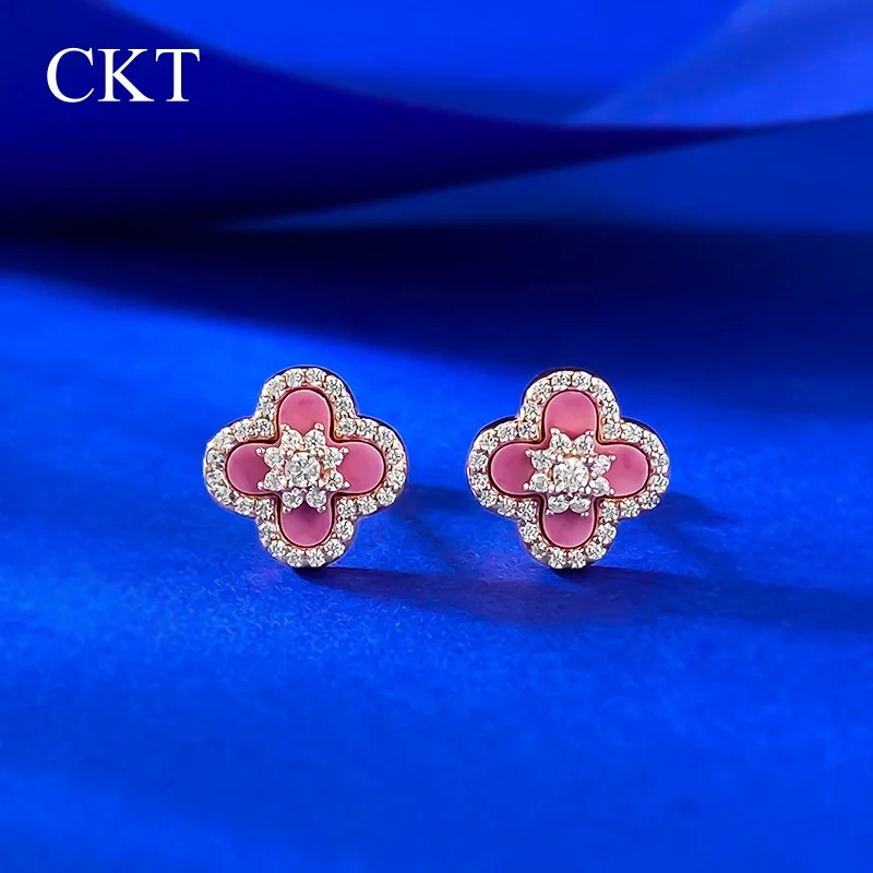 

CKT S925 Стерлингового Серебра Lucky Four-Leaf серьги-гвоздики для женщин в розовом свете Роскошные серьги-гвоздики с муассанитом Изящные ювелирные изделия