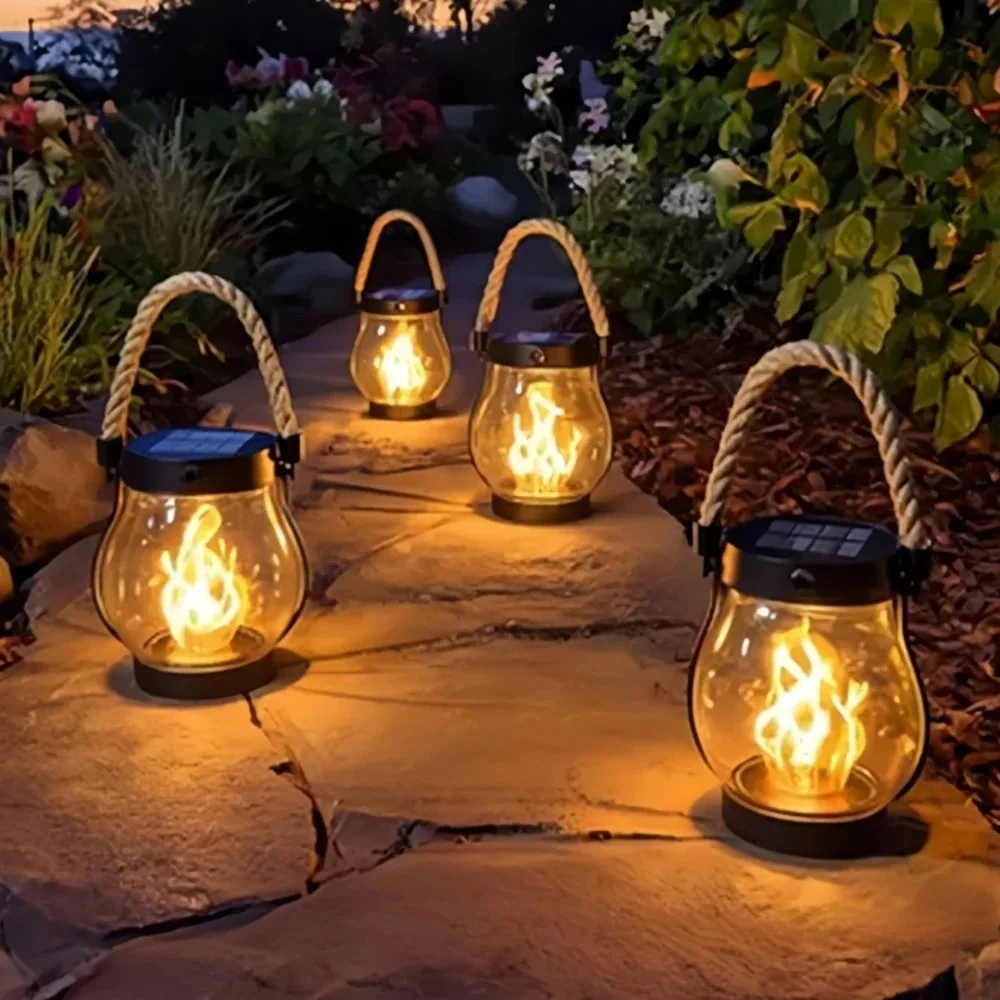 Solar Flame Lantern Outdoor Hanging LED Light Waterproof Rustic Rope Lamp Fire Effect Patio Garden Yard Camping Decoration