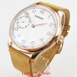 PARNIS Dress Mechanical 44MM 6497 Movement Hand Winding Men Wristwatch Black/White Dial Polished Bezel Leather Strap