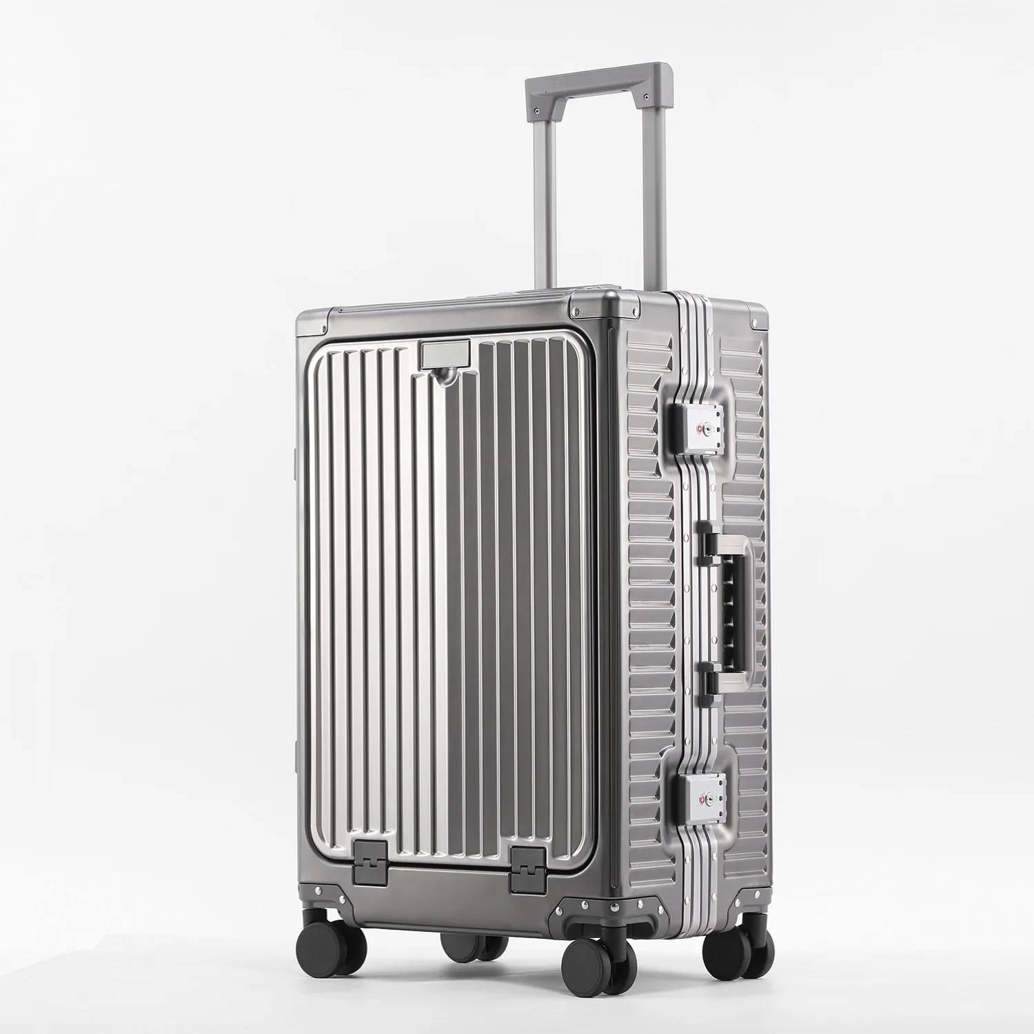 

Aluminum-magnesium Suitcase Front Opening Pocket Rolling Luggage with USB Charging Plug TSA Lock Travel Trolley Case with WheelS