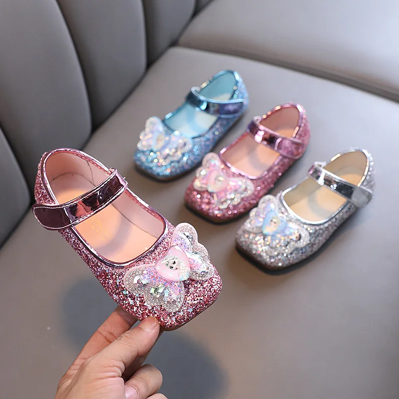 Disney Frozen Elsa Princess Designer Crystal Casual Flat Shoes for Kids Girls Bling Baby Shoes Child Flats Sneakers Square Toe