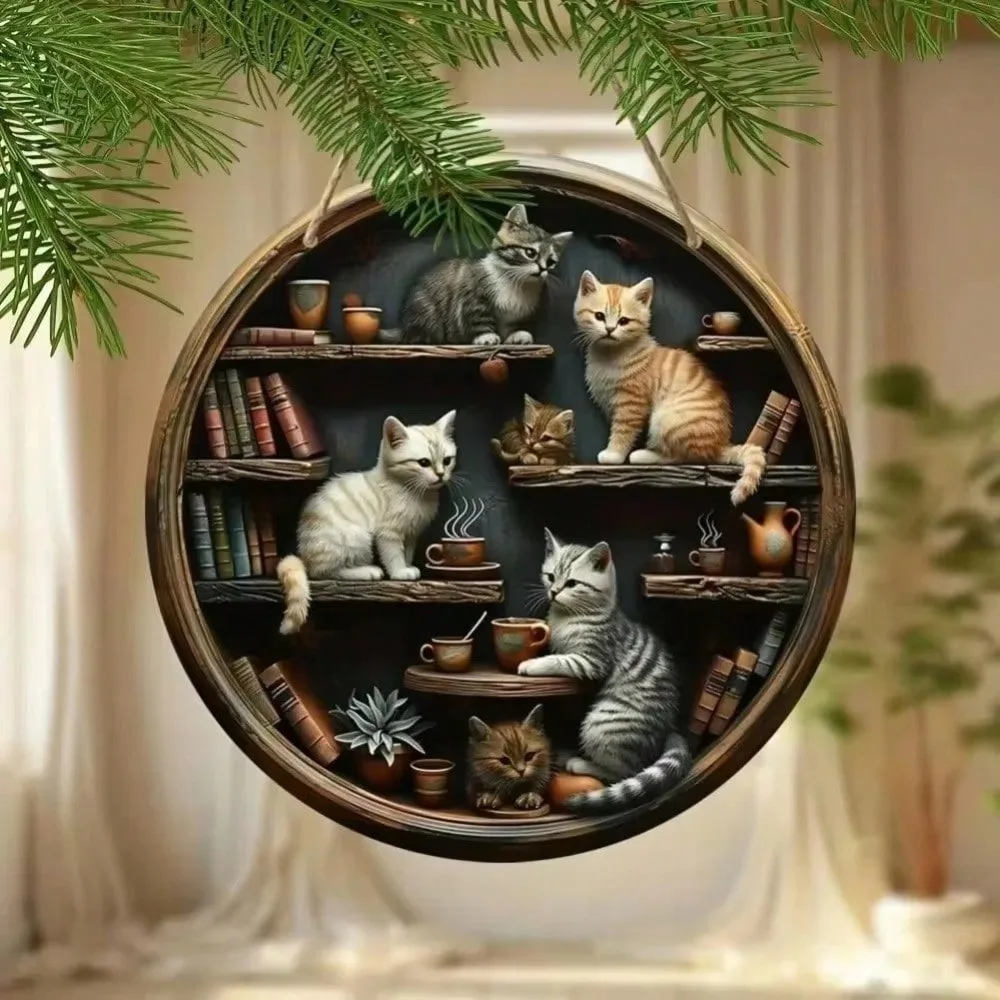 Whimsical Library Cat Wall Sign - Round Hanging Decor for Cat Lovers, Cute Room Decoration for Every Space