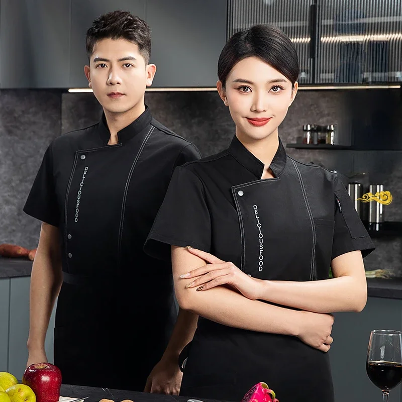 Men  Chef Jacket black uniform short sleeve Chef coat  apron work clothes logo Chef shorts Summer Breathable Restaurant Kitchen