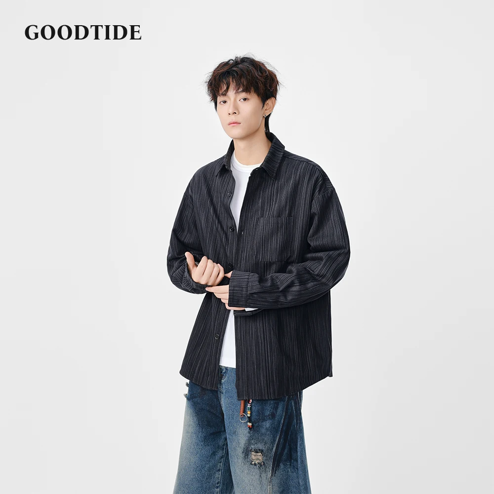 2025 Spring Autumn Men's Casual Long Sleeve Shirt Fashion Vertical Striped Pattern Chest Pocket Design Comfortable Button Up Top