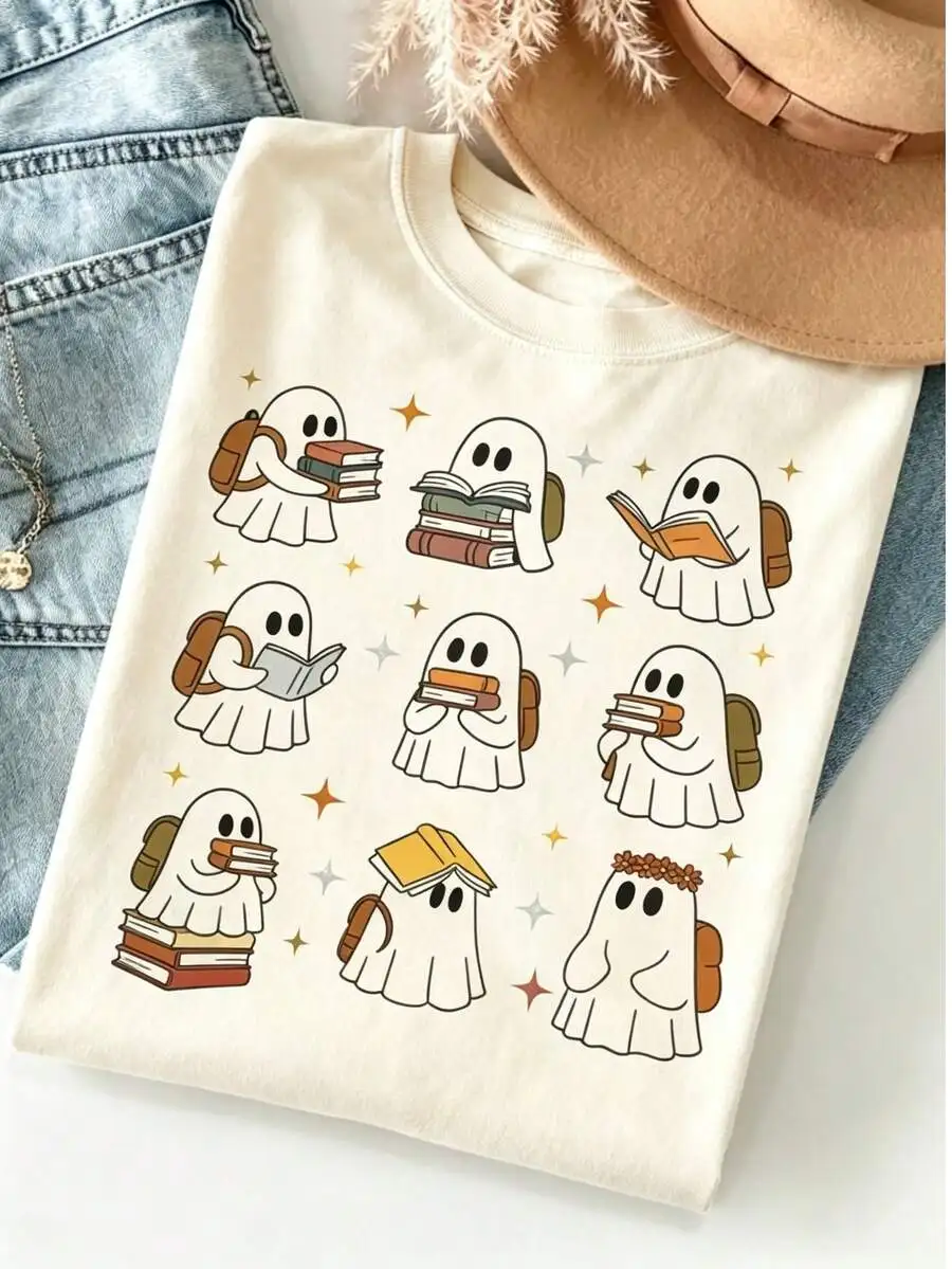 Unisex Crew Neck Short Sleeve 100% Cotton T Shirt Ghost Reading Books Bookish Halloween Graphic Print Teacher Librarian Book Lover Spooky Fall Holiday Gift Casual Daily Tops