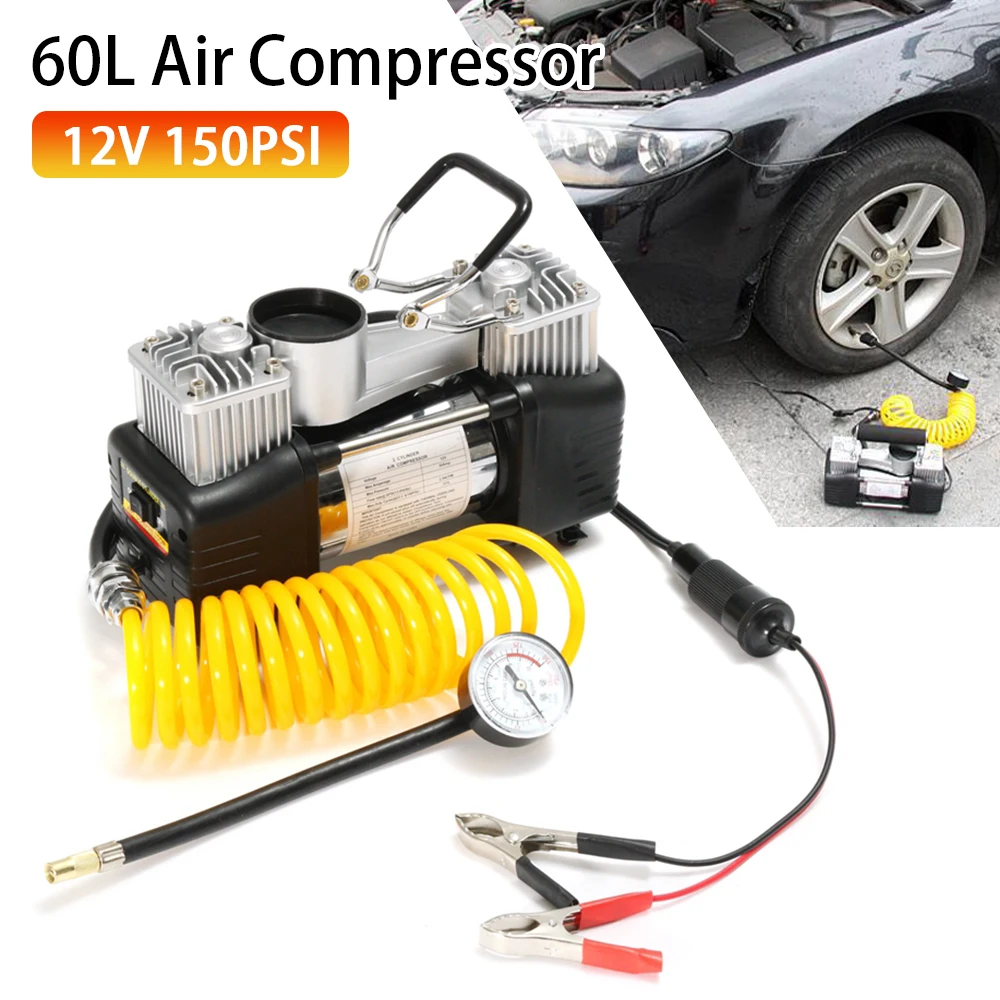 150PSI Portable Air Compressor Car Tire Inflator 60L 12V Pump Portable 60L/min Pressure Pump Kit Pressure Pump Dual Cylinder