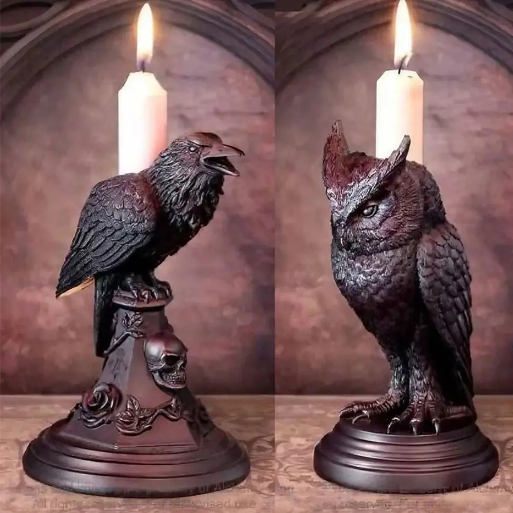 Black Halloween Gothic Candle Holder Craft Resin Gothic Crow Candle Holder Owl Crow Owl Candle Stick Living Room