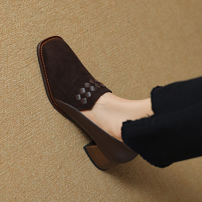 EAGSITY Cow Leather square toe shoes women loafer shoes chunky heel casual dress shoes block heel slip on leather shoes party