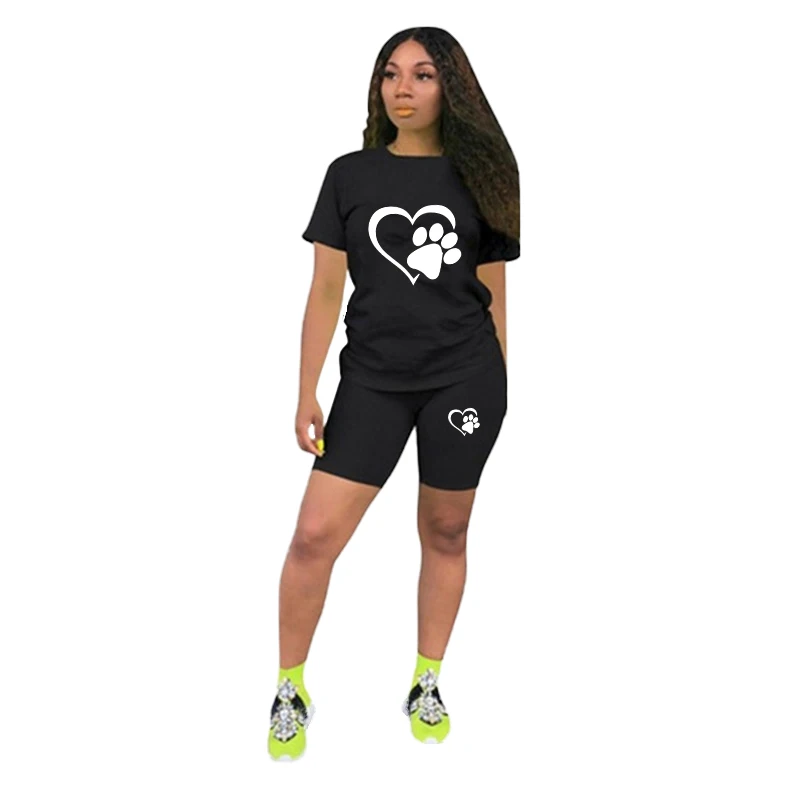 Fashion Cat Paw Printed Women T-shirt and Shorts Two Piece Outfits Sets Tracksuits Sports Wear for Women