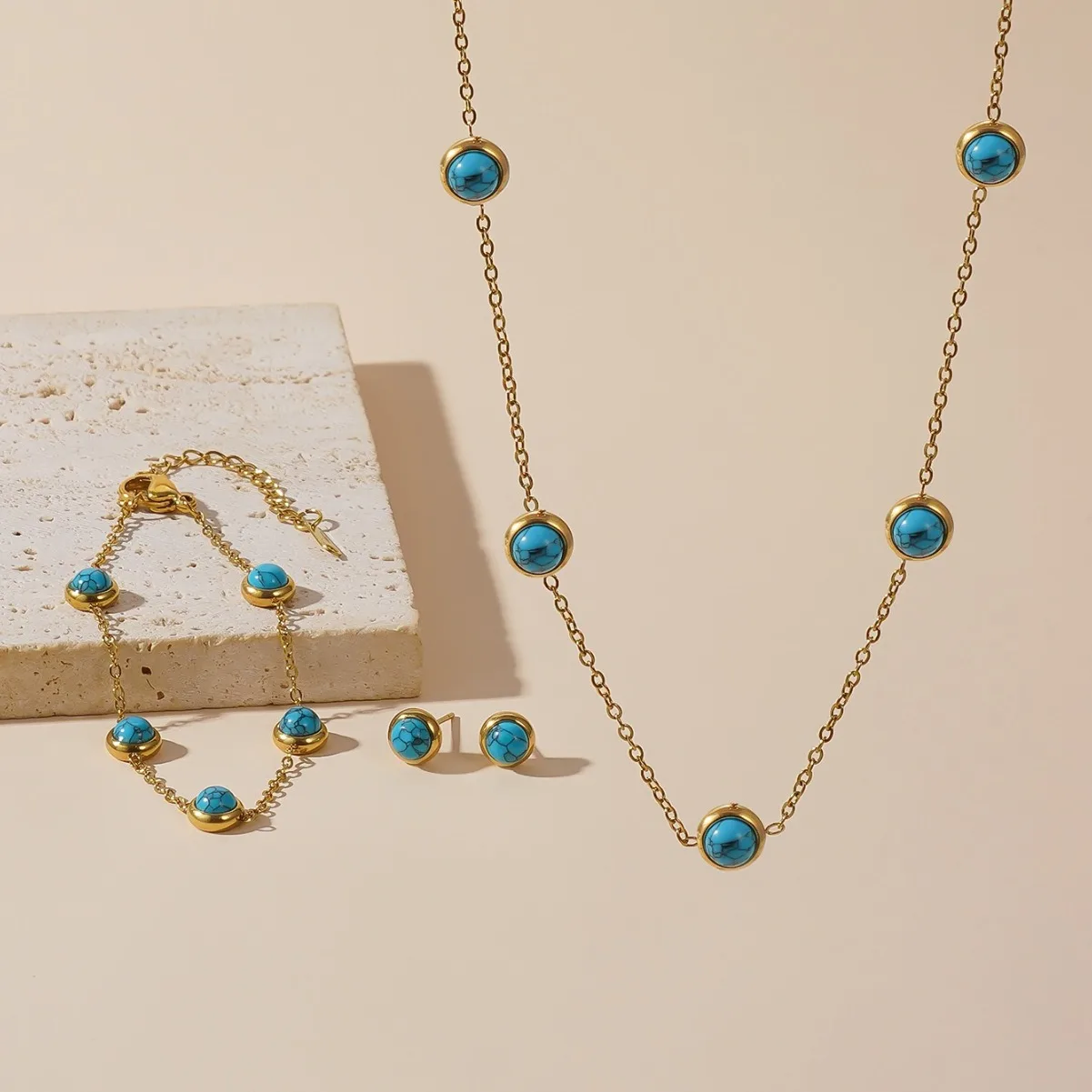 Blue Turquoise Titanium Steel Necklace/Bracelet/Earrings 18K Gold Plated Waterproof Non Allergic Jewelry for Women Girls Gift