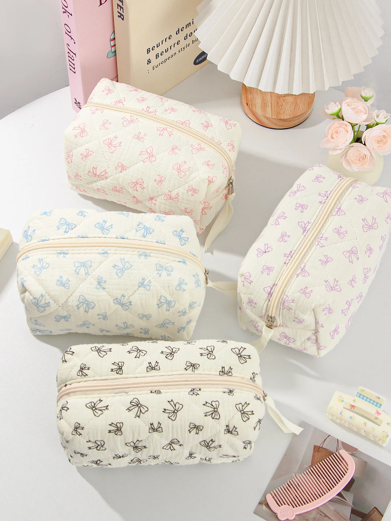 

Bowknot Pencil Case, Makeup Bag, Travel Cosmetics Storage Bag, Large Capacity Fabric Zipper Bag, Portable Makeup Bag