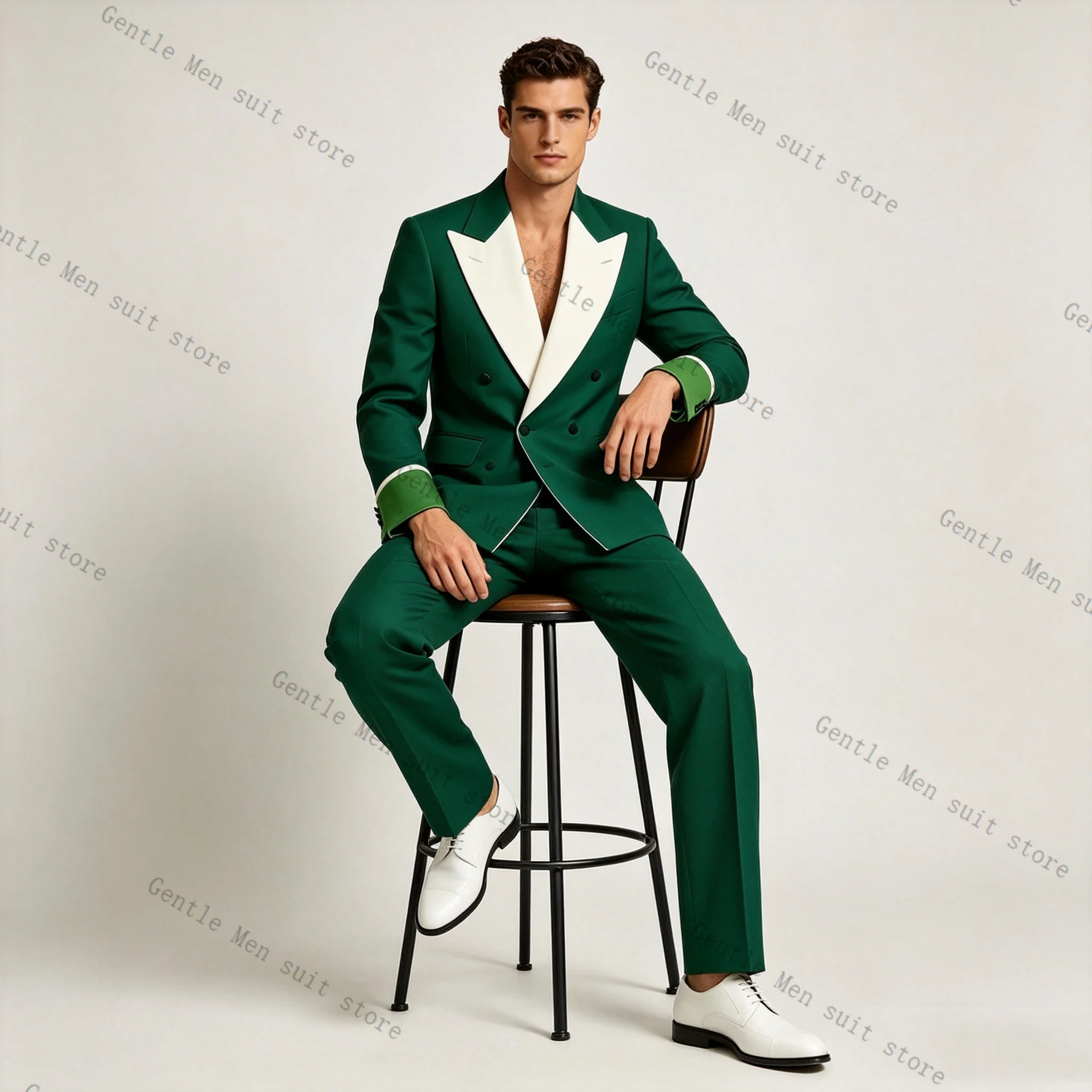 

Green White Men Suit Set 2 Pcs Blazer+Pants Trousers Cotton Wedding Tuxedos Formal Office Business Jacket Coat Customized