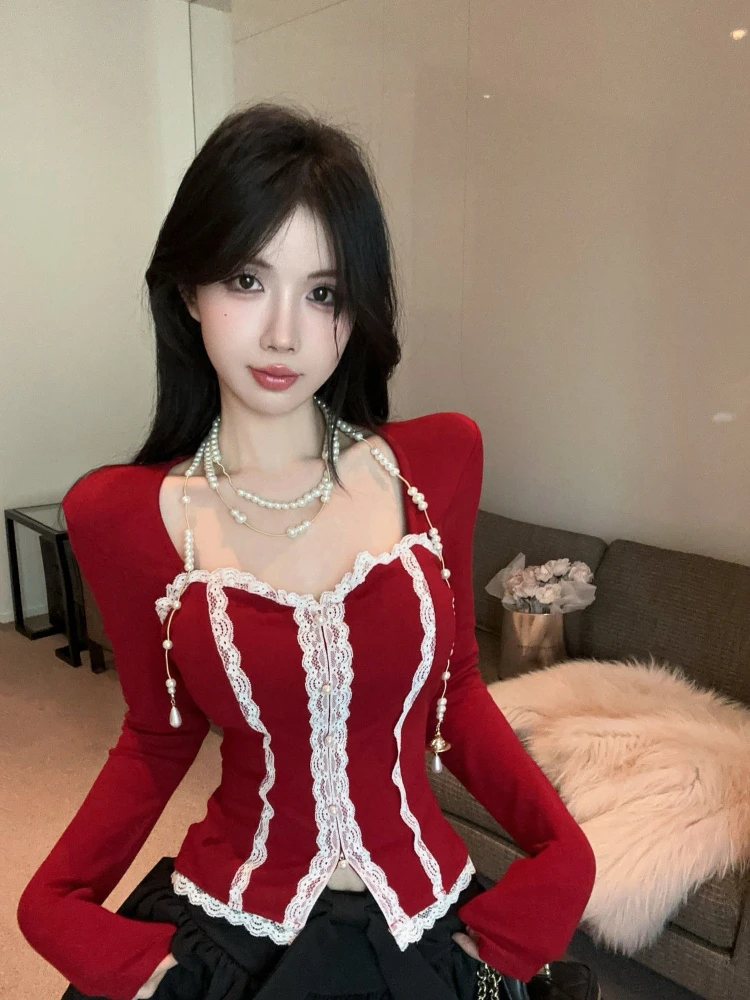 

2025 Y2k Gyaru Crop Tops Square Collar Long Sleeve Lace Patchwork T Shirts Spring Autumn Design Female Slim New Women's Clothing