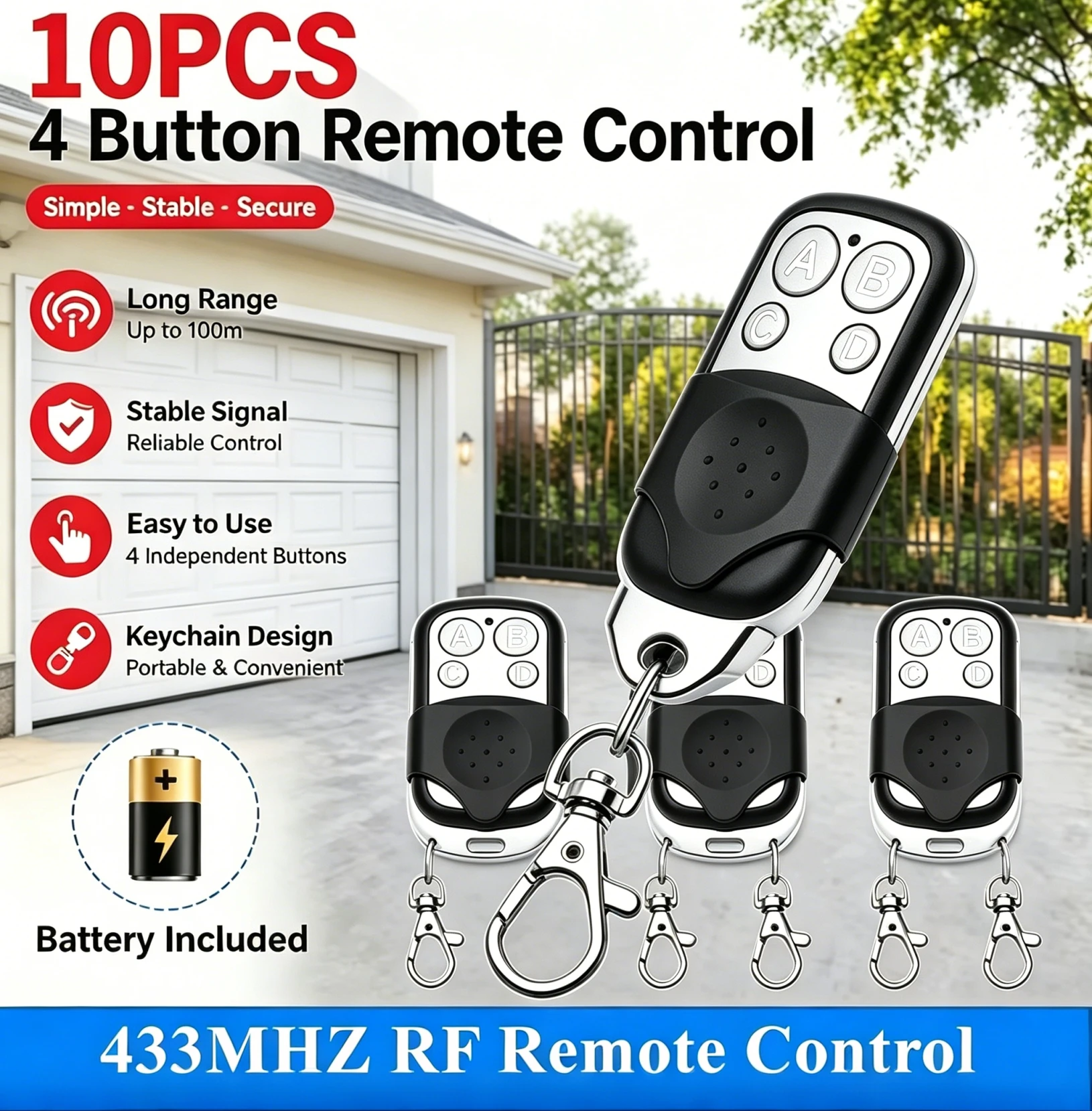 1-50PCS Pack 433MHz Duplicator Remote – Universal 4-Button Copy Key for Garage Door & Electric Gate Controller