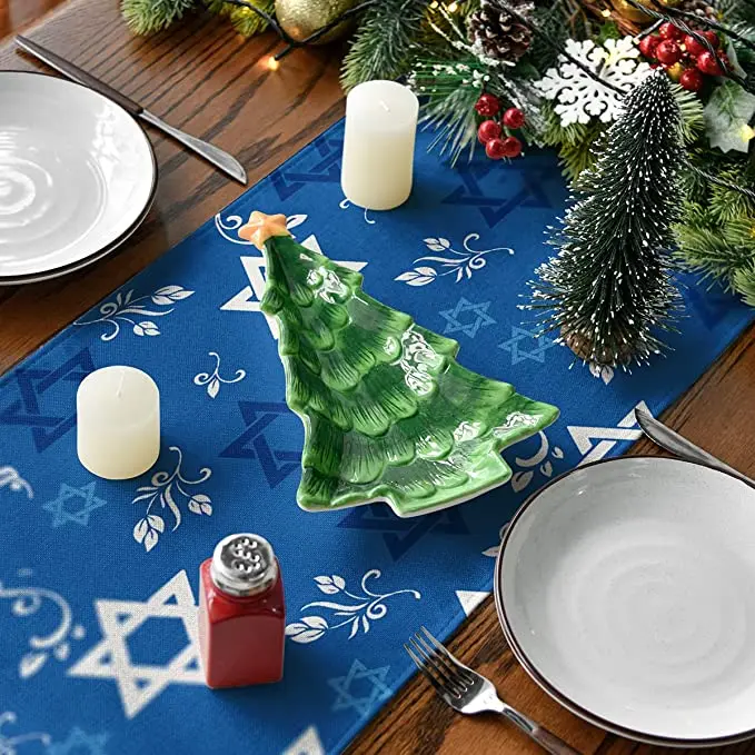 Blue Hexagon Passover Table Runner, Jewish Menorah Hanukkah Holiday Kitchen Table Decoration Home Party Decoration