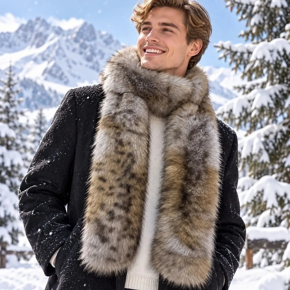 Faux Mink Leopard Print Scarf Luxury Style Thick Fabric Faux Fur Shawl Soft Touch Fluffy Texture Mink Neck Warmer Men