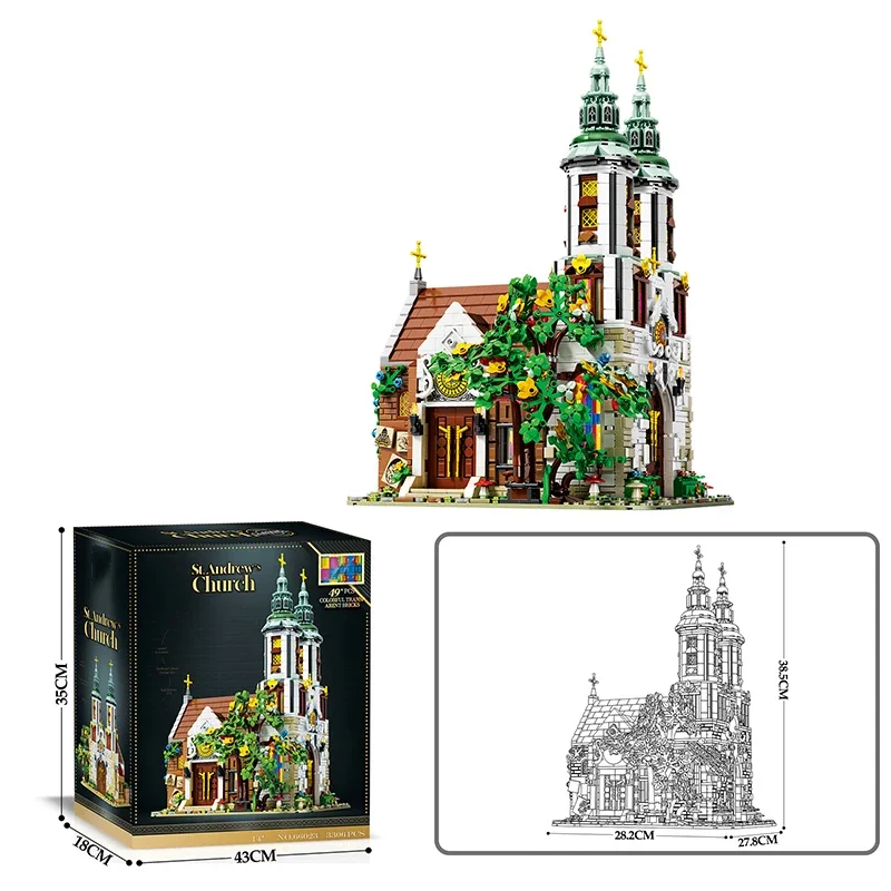 3306PCS St. Andrew's Church Building Block Medieval European Church Model Bricks Set With Light Desktop Decoration Kids Toy Gift