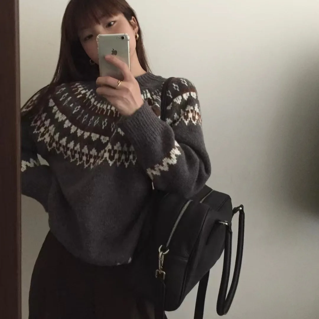 Женский свитер, джемперы с круглым вырезом, пуловеры с принтом, вязаные свитера с длинными рукавами, свободный крой, легкая эластичная повседневная основа, осень 2023 г.