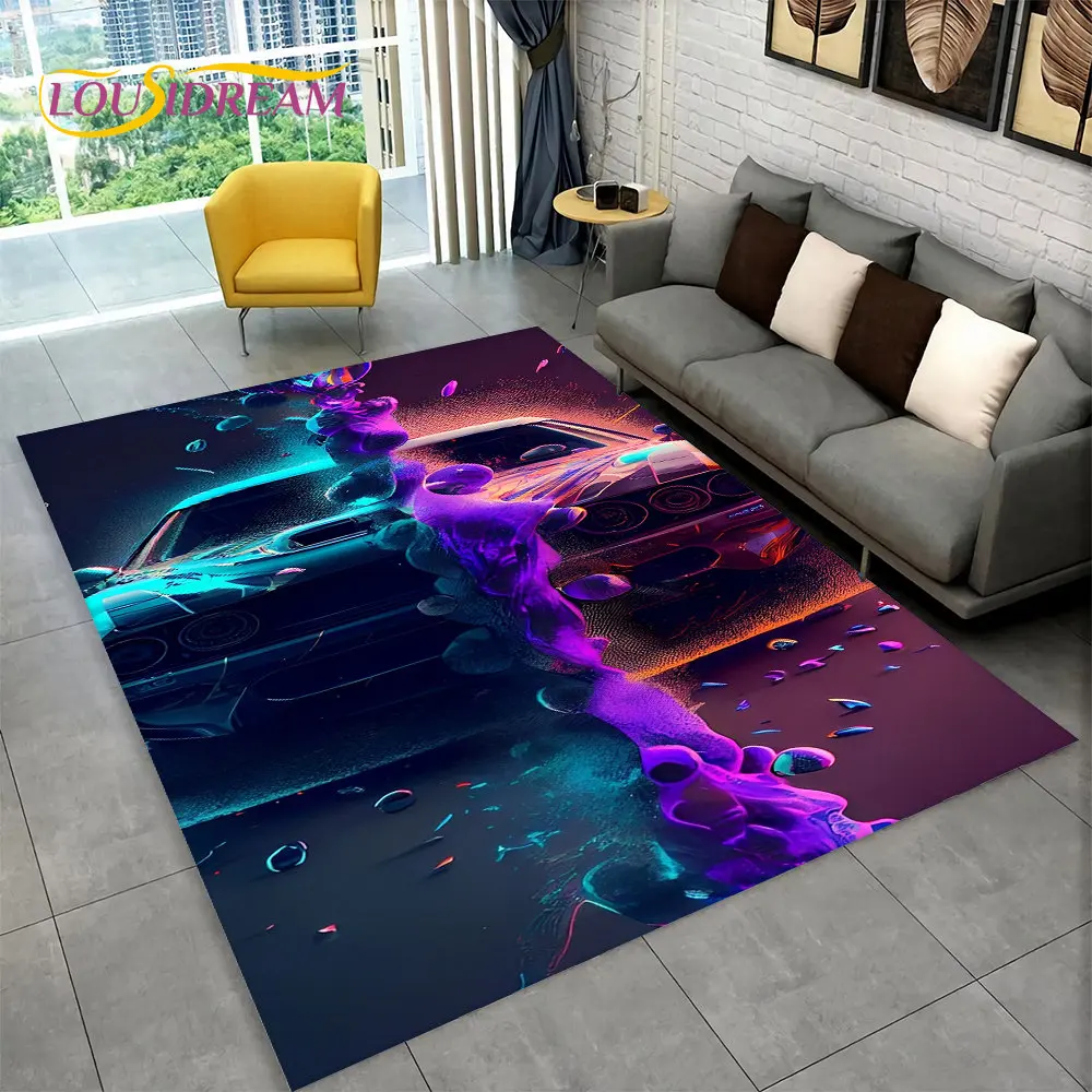 3D Racing Car Area Rug Large,Carpet Rug for Home Living Room Bedroom Sofa Doormat Decor,Kid Paly Kitchen Non-slip Floor Pad Mat