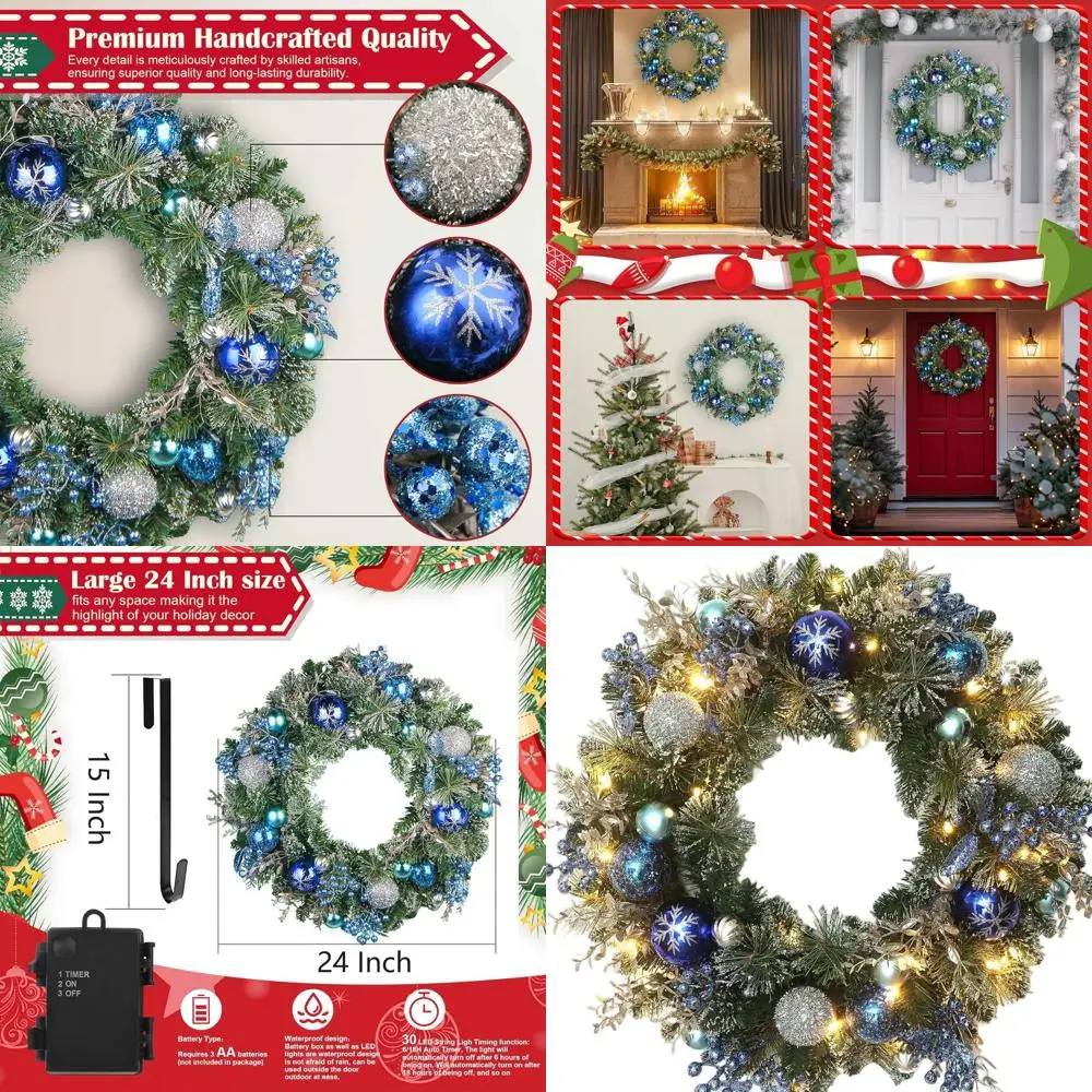 

24 Artificial Holiday Wreath with Blue Accents, Silver Berries, and Snowflakes for Indoor/Outdoor Use