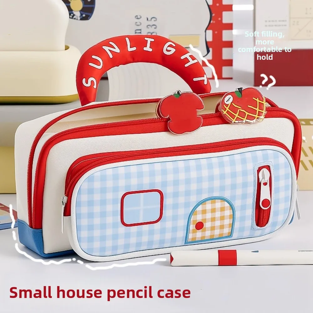 Handheld Dopamine House Pencil Bag Large Capacity Cosmetics Storage Stationery Storage Bag Portable Zipper Pen Pencil Case