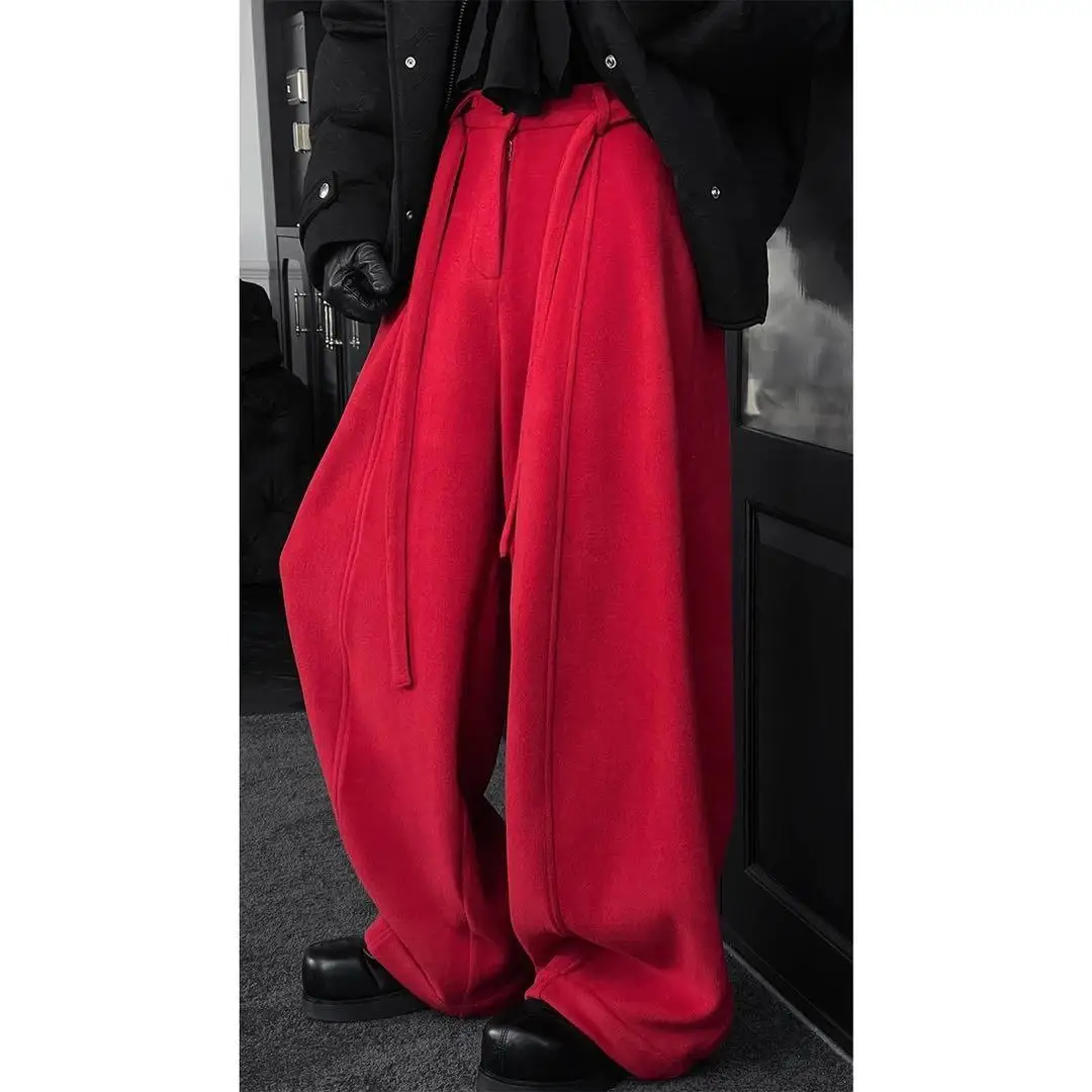 

New Winter Thi Wide Leg Casual Pants Loose Drapey Comfortable Elastic Waist Polyester Fiber Straight Cut Trousers