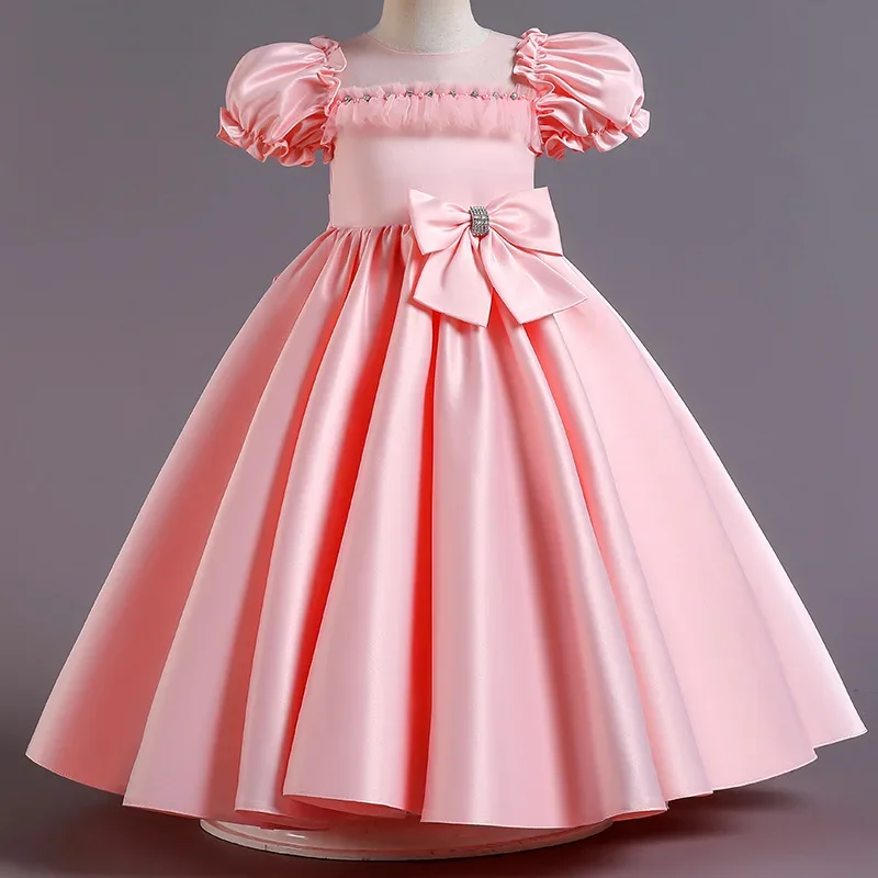 Vestido de princesa para niños, vestido Formal de satén con cuentas y lazo para banquete, fiesta de cumpleaños con flores, novedad