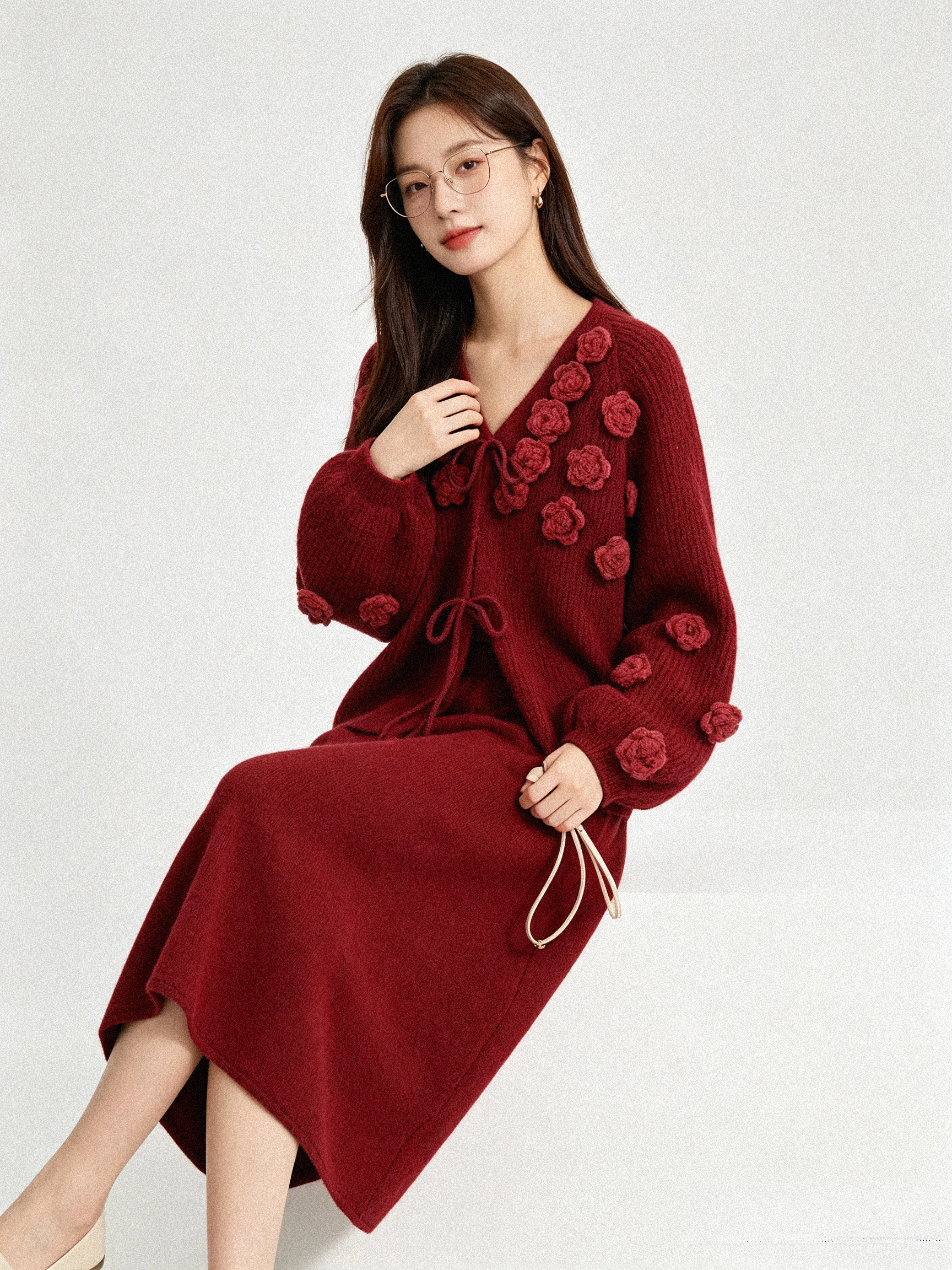 Autumn Winter Red 3D Flower Knitted Open Cardigan High End Beautiful New Year Set Soft Elegance Half Skirt Fashionable Women'...