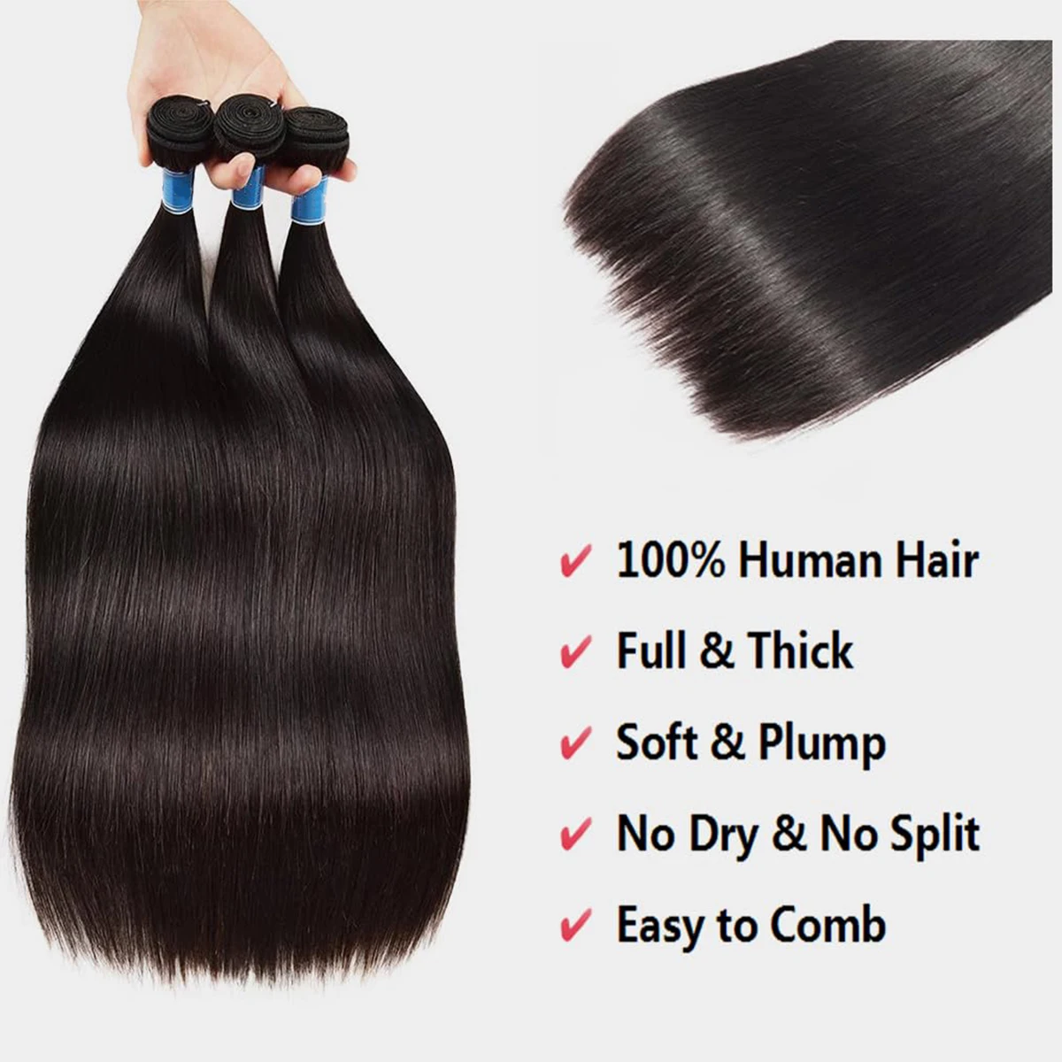 30인치 천연 블랙 번들 인모 100% 미가공 브라질 생모 붙임머리 4/5개 스트레이트 인모 연장